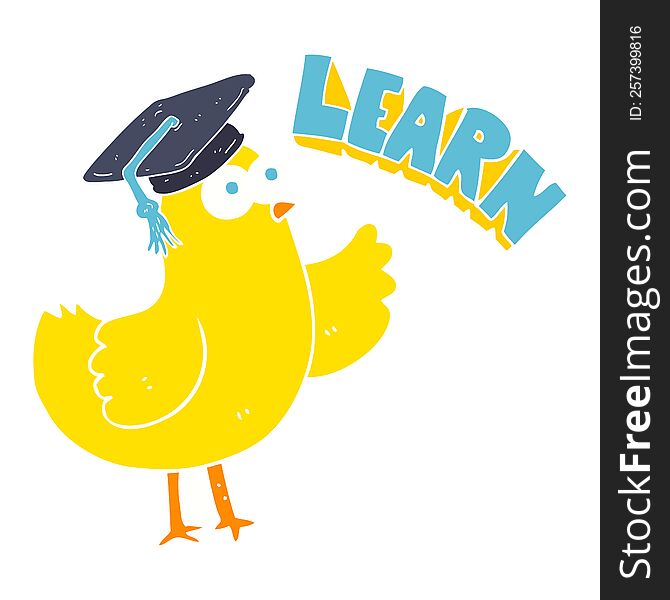 Flat Color Illustration Of A Cartoon Bird With Learn Text