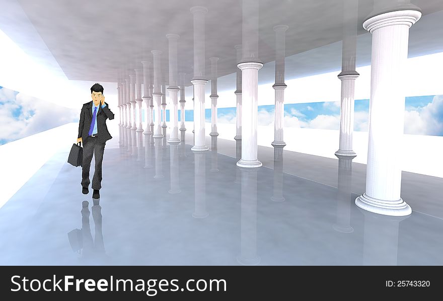 Business man on the phone carrying a suitcase in front of classical colonnade with arcades and columns. Business man on the phone carrying a suitcase in front of classical colonnade with arcades and columns