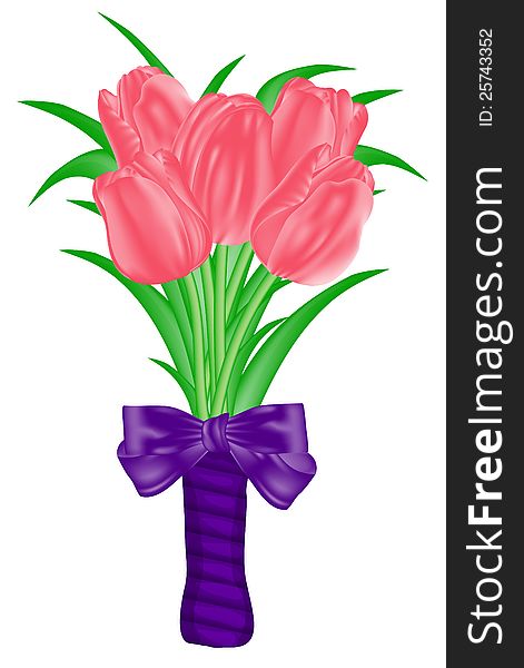 Vector image of a bouquet of five tulips in a gift box. Vector image of a bouquet of five tulips in a gift box