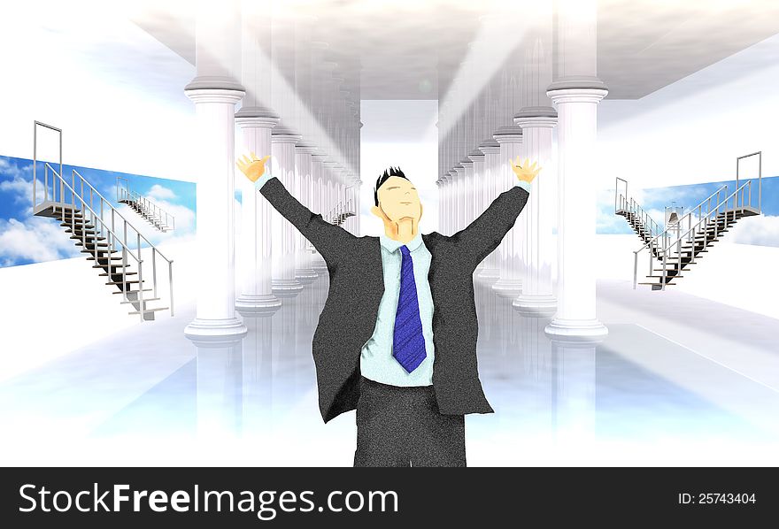 Excited business man with arms raised in success in front of Classical colonnade with arcades and columns