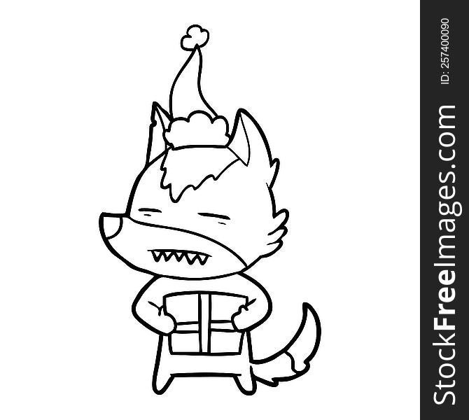Line Drawing Of A Wolf With A Gift Wearing Santa Hat