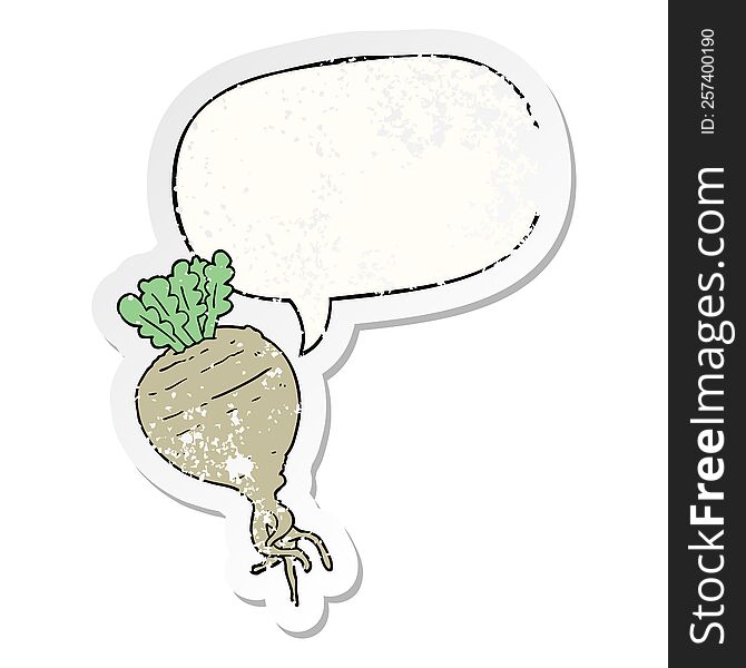 Cartoon Root Vegetable And Speech Bubble Distressed Sticker
