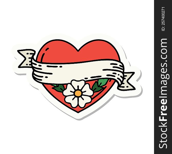 Tattoo Style Sticker Of A Heart And Banner With Flowers