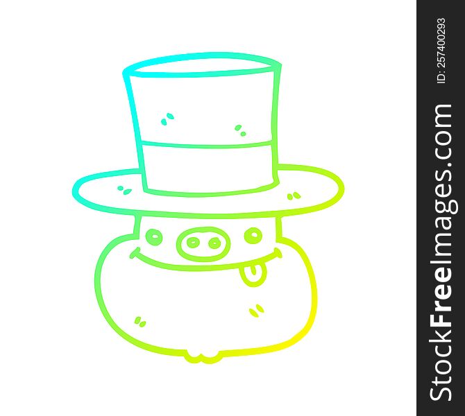 Cold Gradient Line Drawing Cartoon Pig Wearing Top Hat