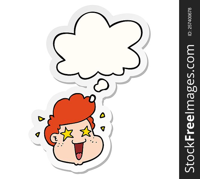 cartoon boy\'s face with thought bubble as a printed sticker