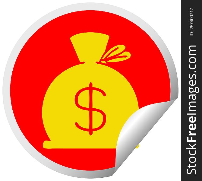 circular peeling sticker cartoon of a bag of money