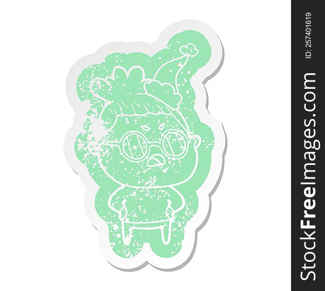 quirky cartoon distressed sticker of a annoyed woman wearing santa hat