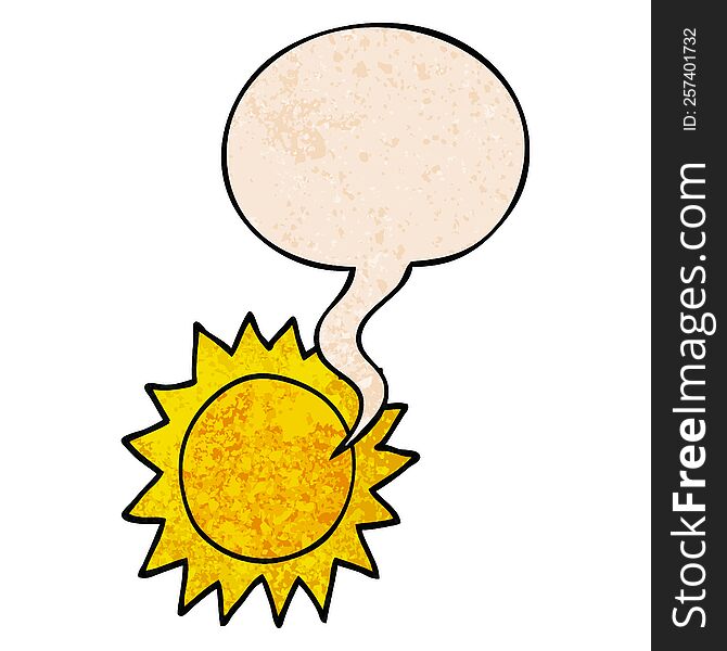 cartoon sun with speech bubble in retro texture style