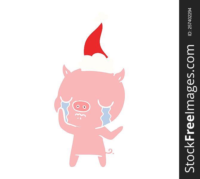 hand drawn flat color illustration of a pig crying wearing santa hat