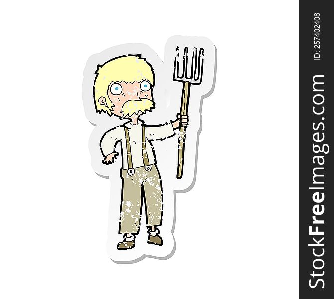 retro distressed sticker of a cartoon farmer with pitchfork