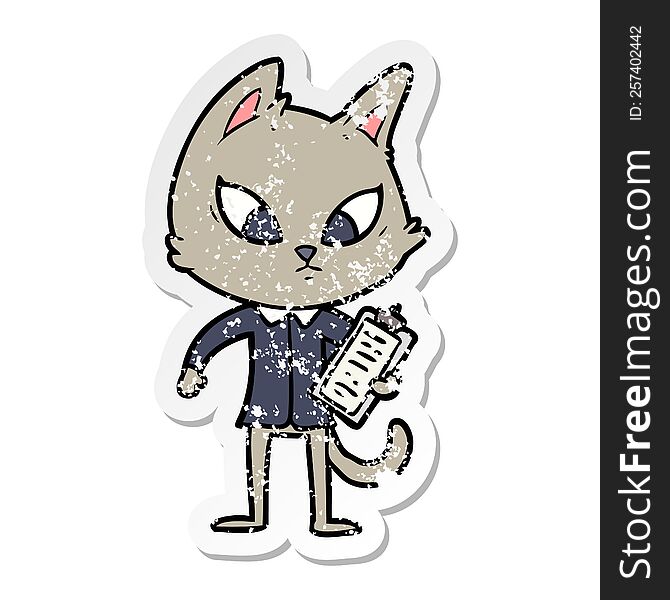 Distressed Sticker Of A Confused Cartoon Business Cat