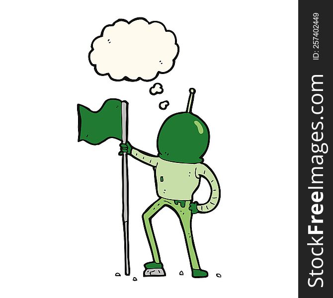 Cartoon Astronaut Planting Flag With Thought Bubble