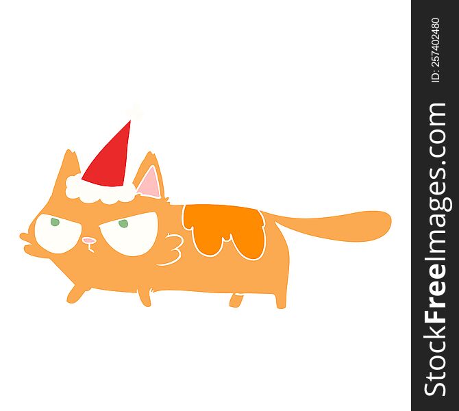 Flat Color Illustration Of A Angry Cat Wearing Santa Hat