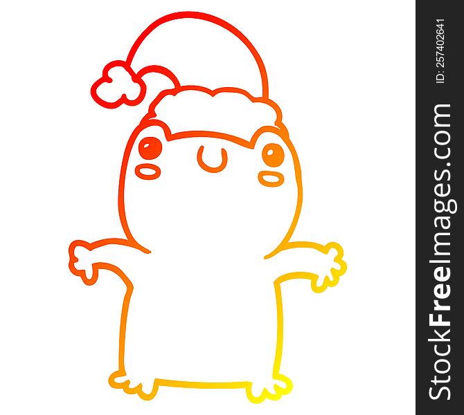 warm gradient line drawing of a cute cartoon frog wearing christmas hat