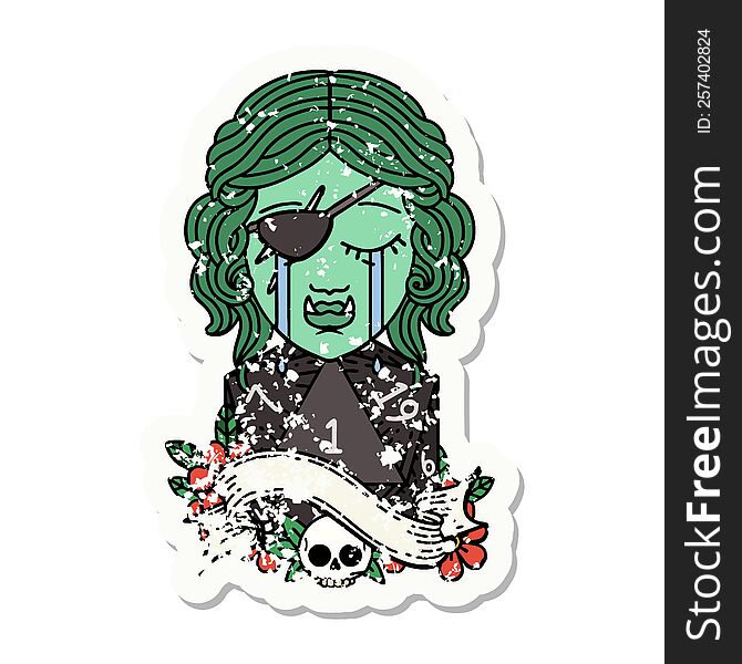 grunge sticker of a crying orc rogue character face with natural one D20 roll. grunge sticker of a crying orc rogue character face with natural one D20 roll