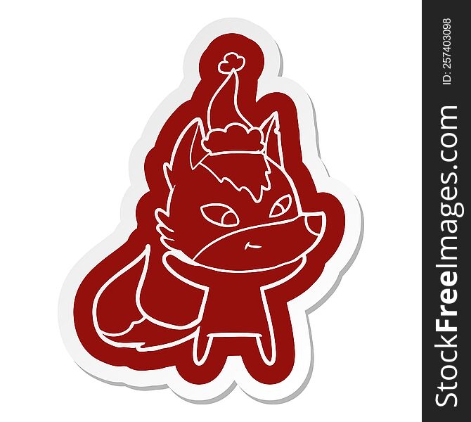 Friendly Cartoon  Sticker Of A Wolf Wearing Santa Hat