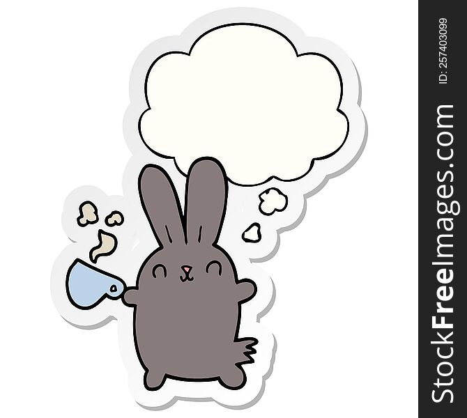 cute cartoon rabbit with coffee cup with thought bubble as a printed sticker