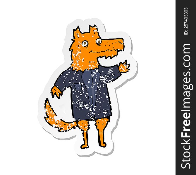 retro distressed sticker of a cartoon fox businessman