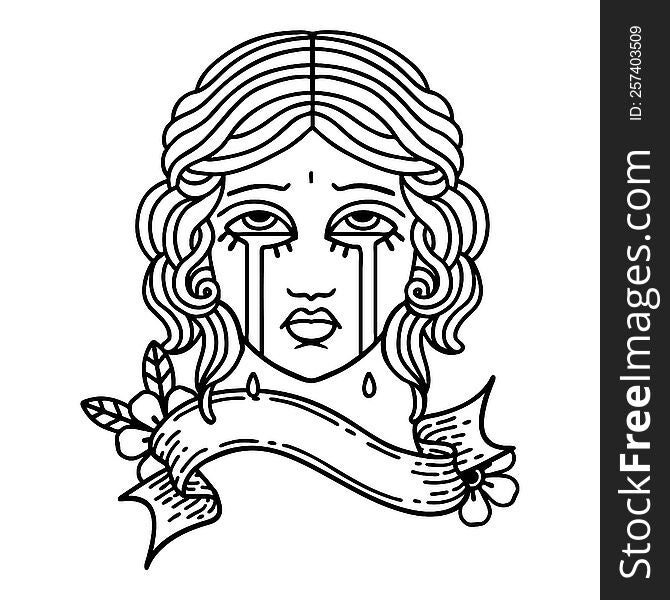 traditional black linework tattoo with banner of female face crying