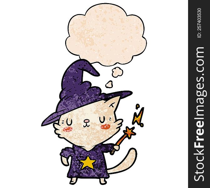 cartoon cat wizard with thought bubble in grunge texture style. cartoon cat wizard with thought bubble in grunge texture style