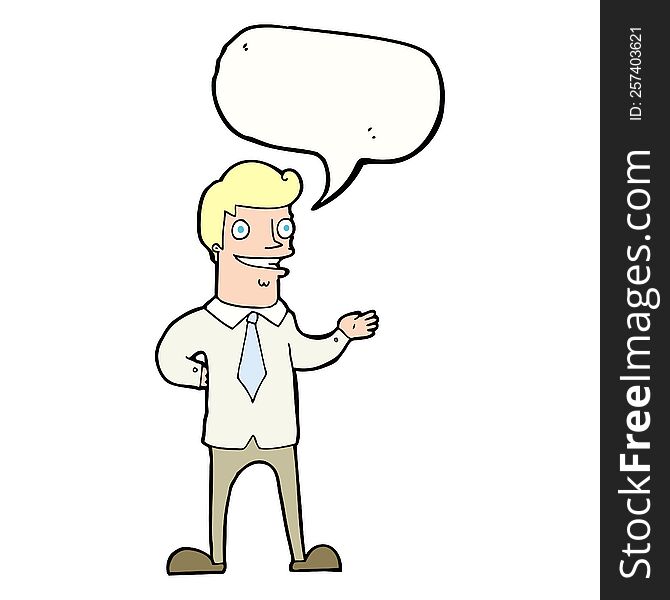 cartoon salesman with speech bubble