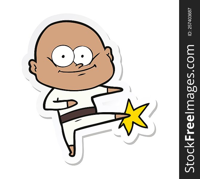 sticker of a cartoon bald man karate kicking