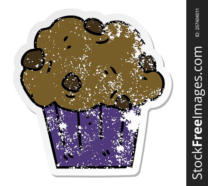 distressed sticker of a quirky hand drawn cartoon chocolate muffin cake