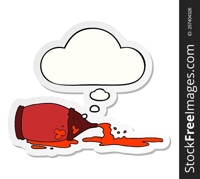 cartoon spilled ketchup bottle with thought bubble as a printed sticker