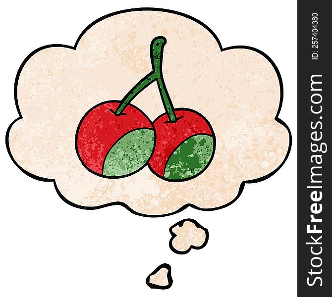 Cartoon Cherries And Thought Bubble In Grunge Texture Pattern Style
