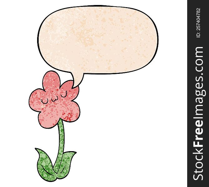 cartoon flower with speech bubble in retro texture style