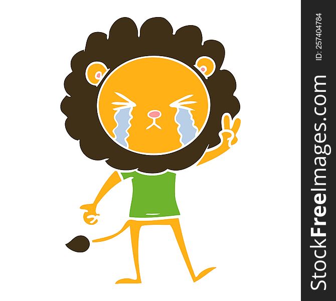 flat color style cartoon crying lion giving peace sign