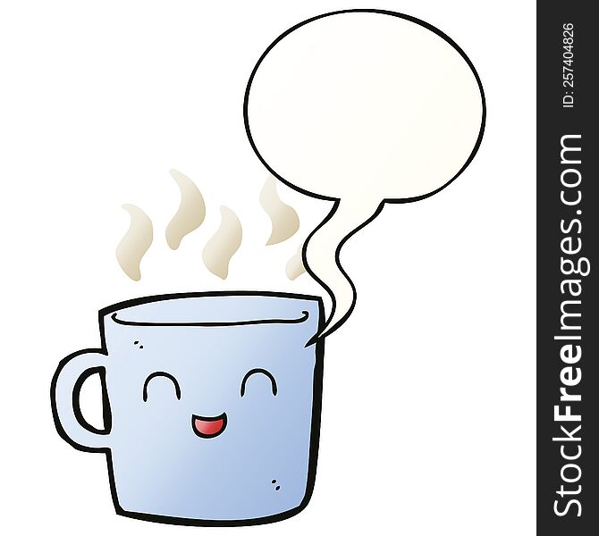 cute coffee cup cartoon with speech bubble in smooth gradient style