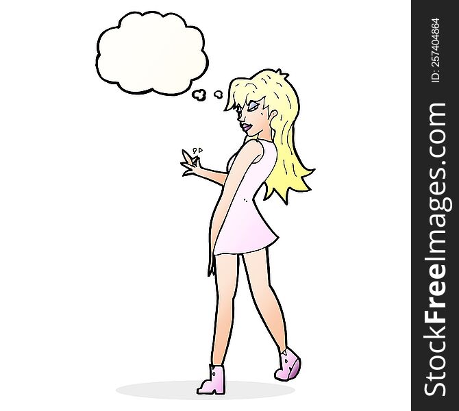 cartoon woman posing in dress with thought bubble