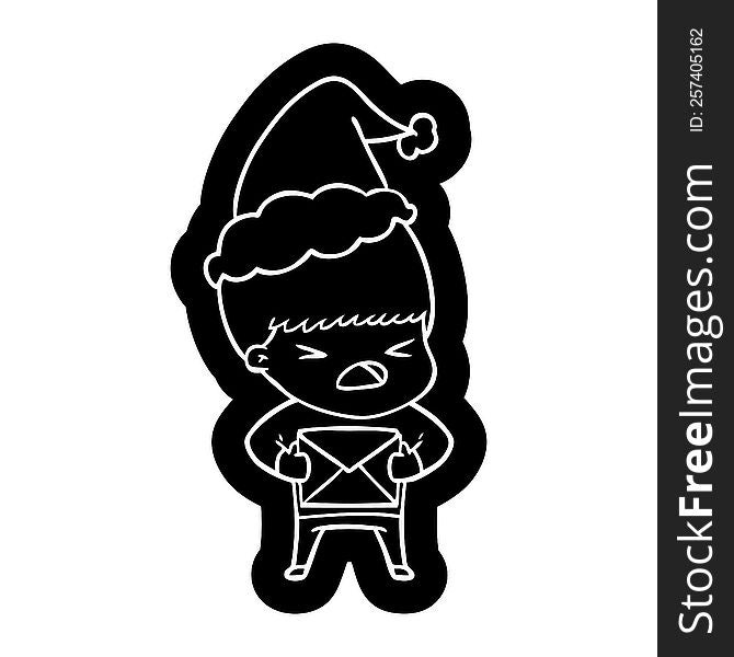 quirky cartoon icon of a stressed man wearing santa hat