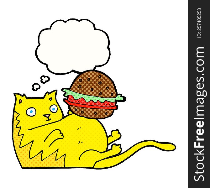freehand drawn thought bubble cartoon fat cat with burger