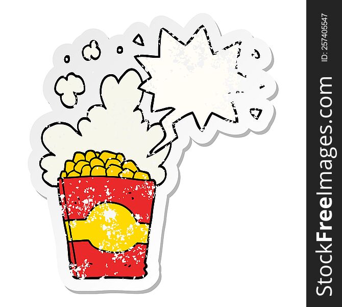 cartoon popcorn with speech bubble distressed distressed old sticker. cartoon popcorn with speech bubble distressed distressed old sticker
