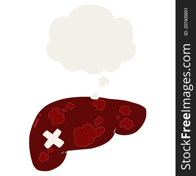 cartoon unhealthy liver with thought bubble in retro style