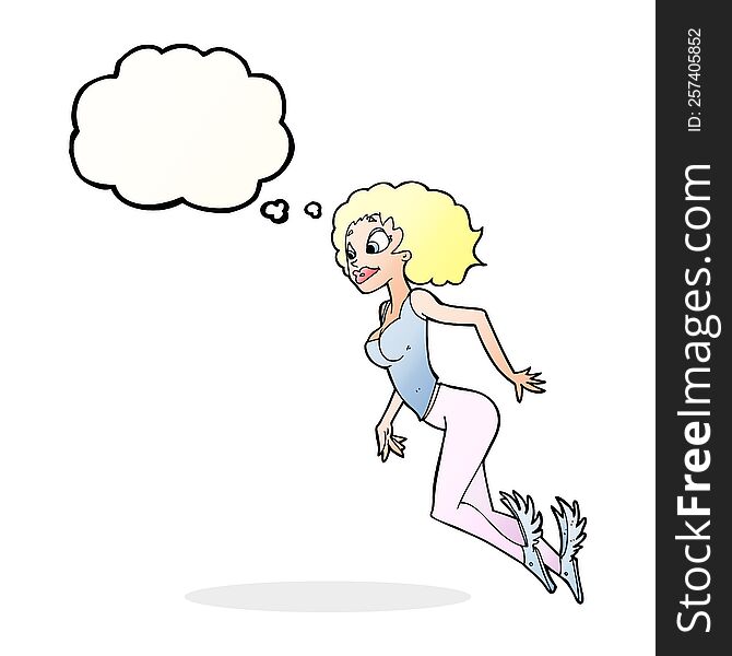 cartoon flying woman with thought bubble