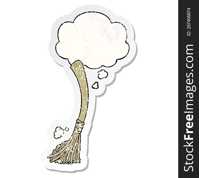 cartoon magic broom with thought bubble as a distressed worn sticker