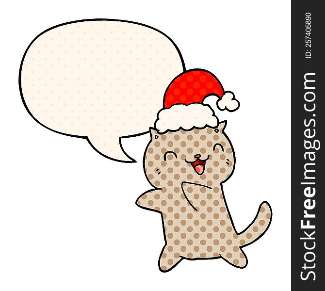 Cute Cartoon Christmas Cat And Speech Bubble In Comic Book Style