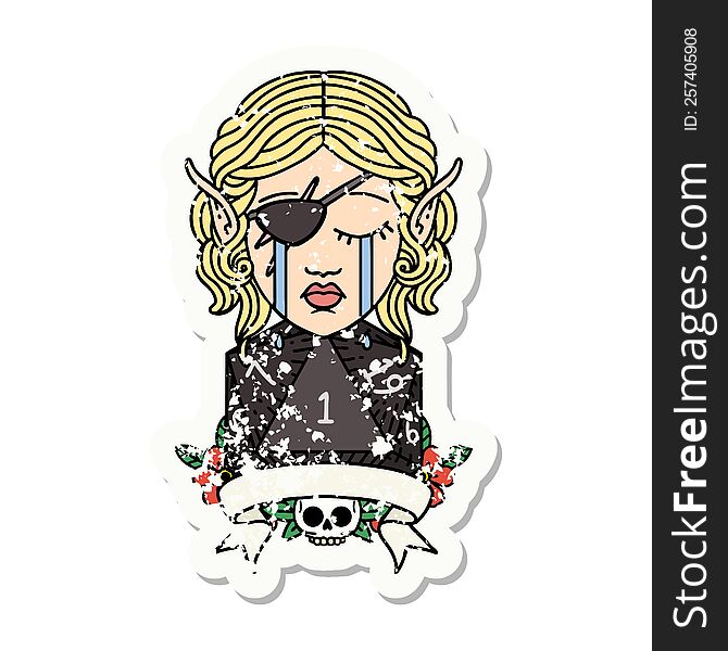 Crying Elf Rogue Character With Natural One D20 Roll Grunge Sticker