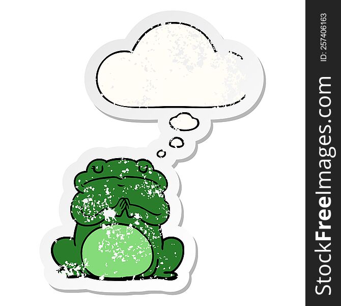 cartoon arrogant frog with thought bubble as a distressed worn sticker