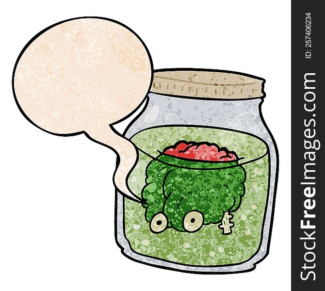 Cartoon Spooky Brain Floating In Jar And Speech Bubble In Retro Texture Style