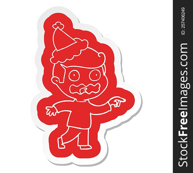 quirky cartoon  sticker of a stressed out pointing wearing santa hat