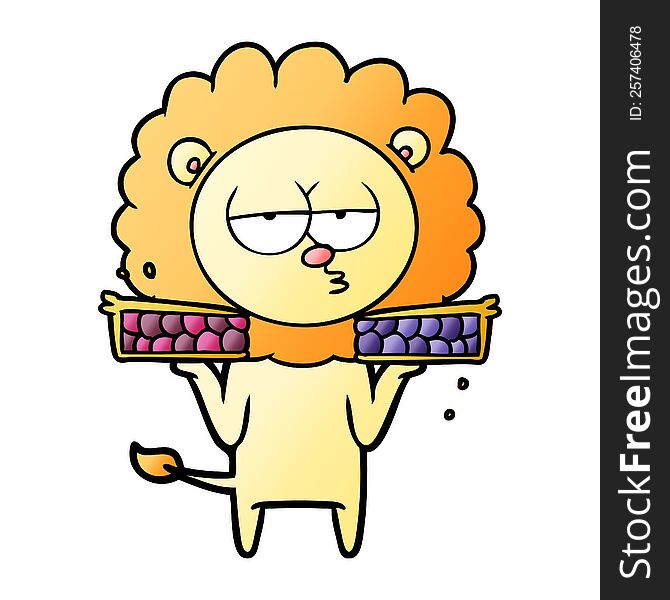 cartoon bored lion with pies. cartoon bored lion with pies