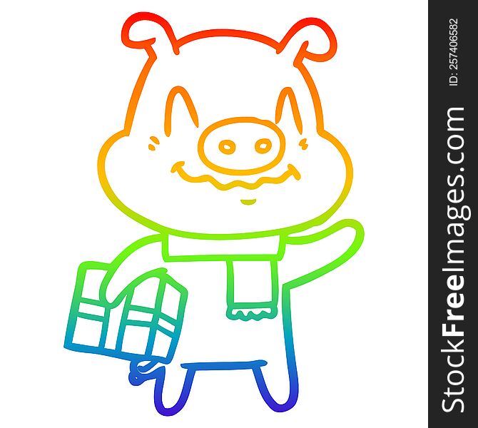Rainbow Gradient Line Drawing Nervous Cartoon Pig With Present