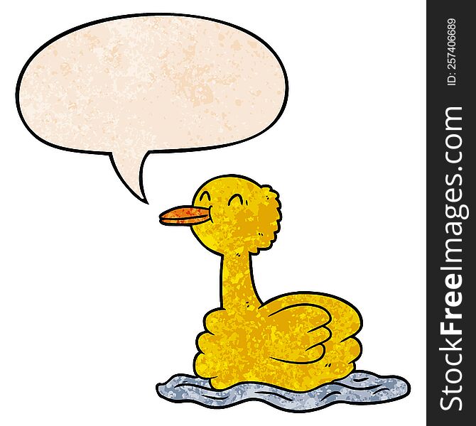 Cartoon Swimming Duck And Speech Bubble In Retro Texture Style