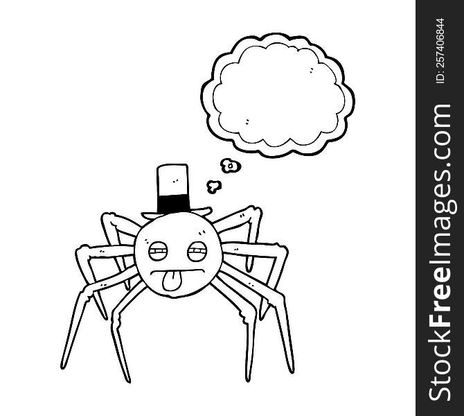 freehand drawn thought bubble cartoon halloween spider in top hat