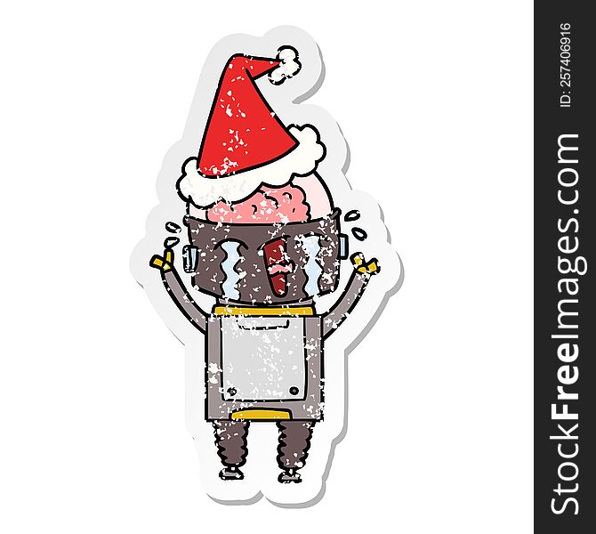 Distressed Sticker Cartoon Of A Crying Robot Wearing Santa Hat