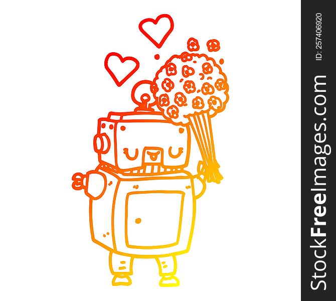 warm gradient line drawing of a cartoon robot in love